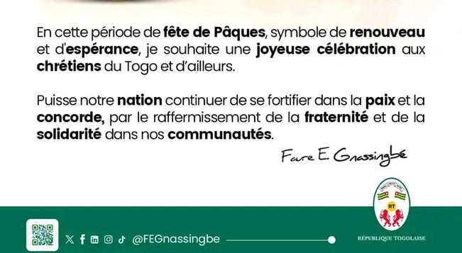 Pâques 2024: Le message de Faure Gnassingbé aux chrétiens du Togo et d’ailleurs