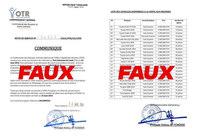 Vigilance!!! Aucune vente aux enchères de véhicules de l’OTR n’est prévue au PAL le 24 août prochain 