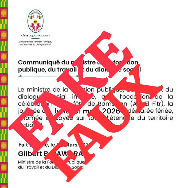 Togo: Le communiqué sur la journée fériée du 31 mars est un faux